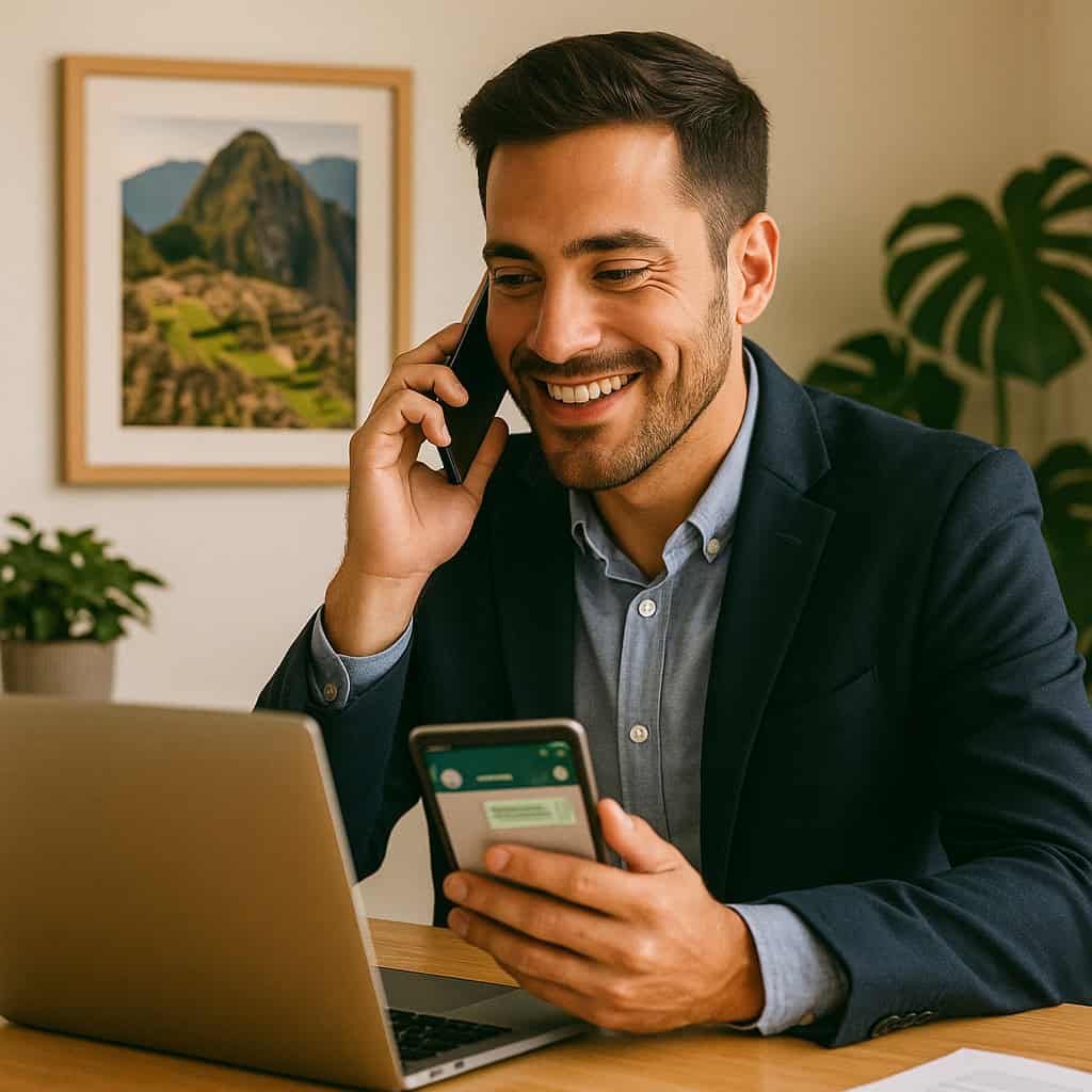 Agente de viagens sorrindo enquanto recebe suporte por celular e notebook com imagem de Machu Picchu ao fundo, representando agilidade da SLP

