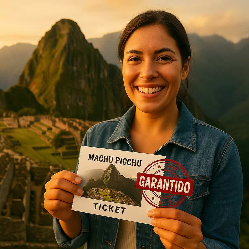Turista feliz segurando ingresso com selo “Garantido” em frente a Machu Picchu, simbolizando bloqueio exclusivo de ingressos pela Soy Loco Por Ti América