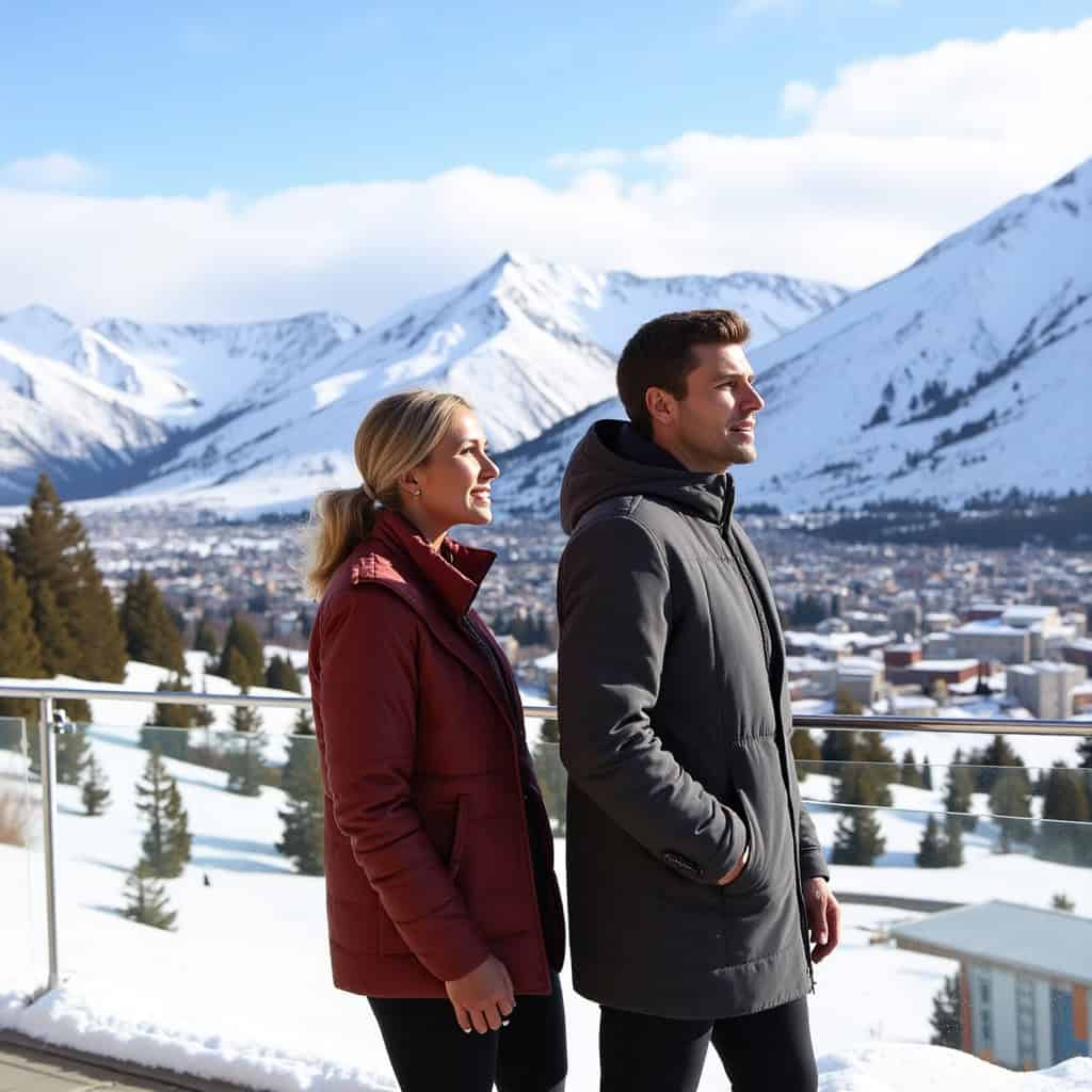 Casal de turistas aprecia a vista da Cordilheira dos Andes coberta de neve com a cidade de Santiago ao fundo