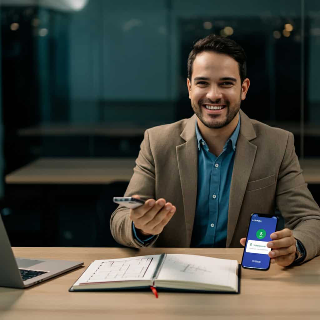 Agente de viagens sorrindo ao ver notificação de pagamento no celular e planilha de comissões no notebook, simbolizando ganho por revenda com a Soy Loco Por Ti América