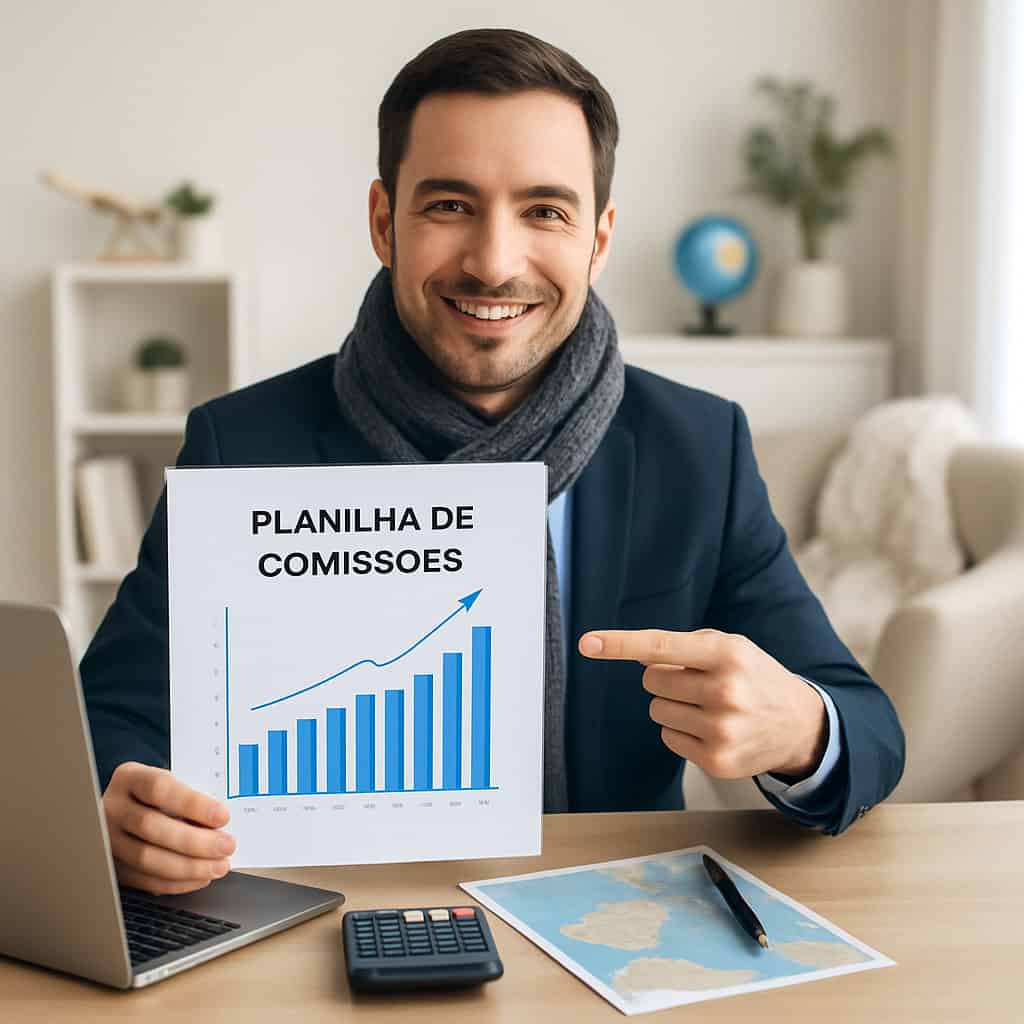Agente de viagens segurando planilha de comissões com gráfico crescente, ao lado de laptop, calculadora e mapa