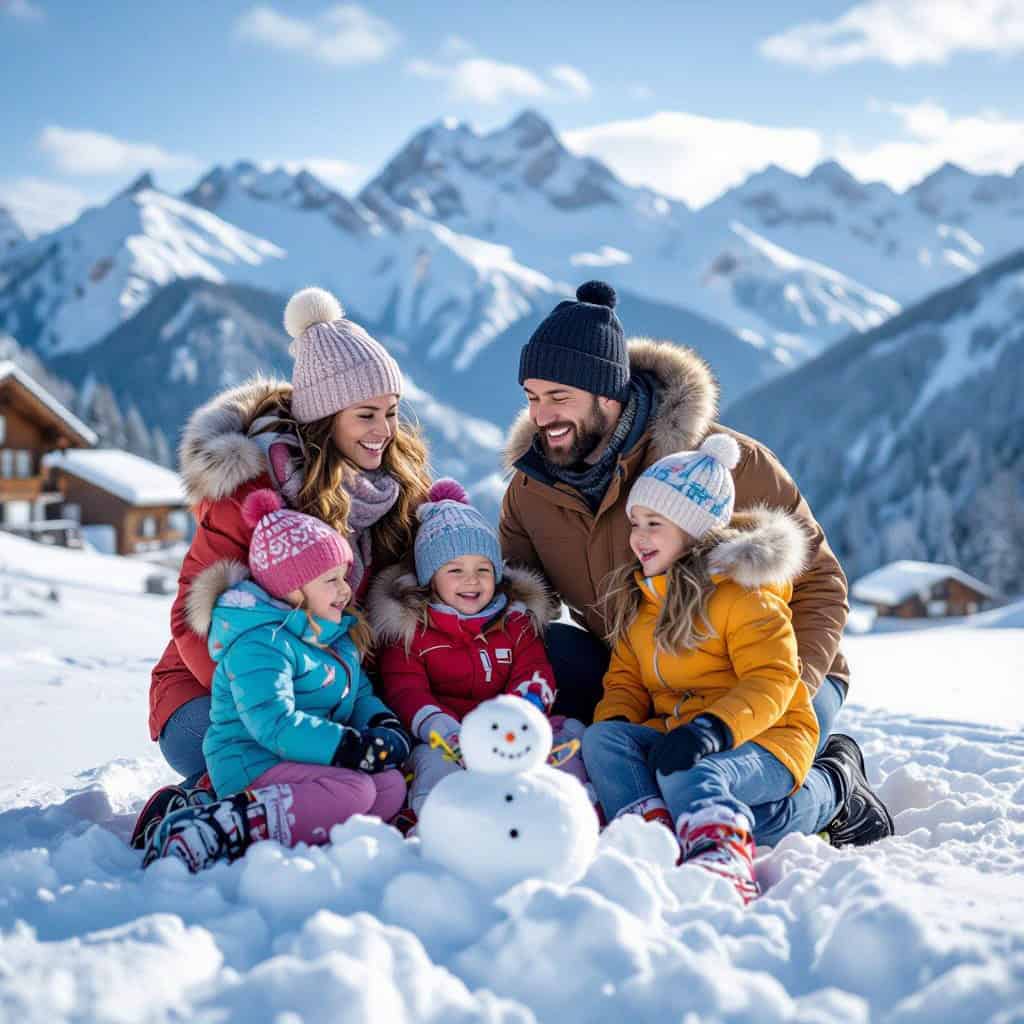Família com três crianças brinca na neve e constrói boneco de neve em cenário montanhoso e ensolarado