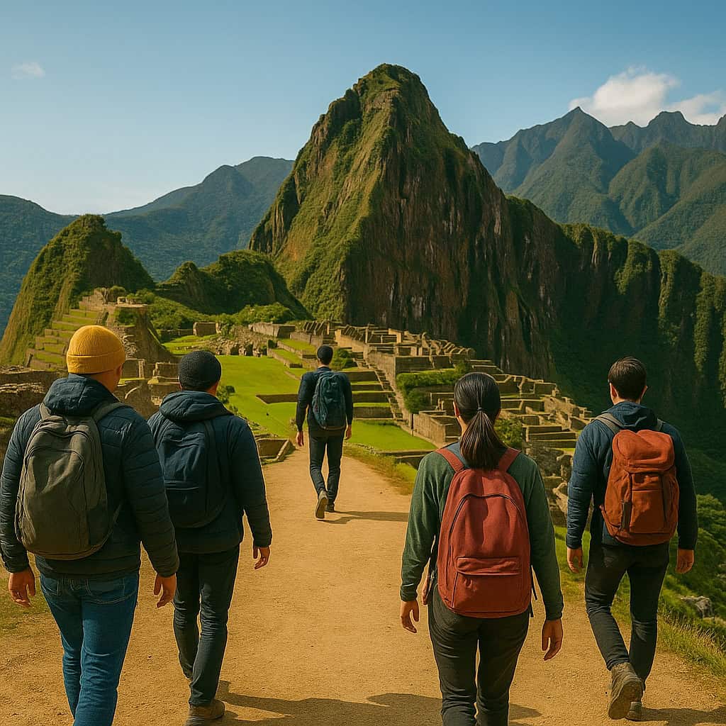 Grupo de viajantes caminhando em direção a Machu Picchu com mochilas, simbolizando a flexibilidade da SLP para atender tanto individuais quanto grupos