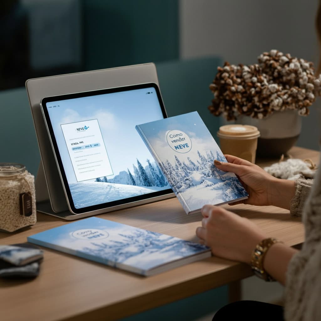 Mãos seguram manual “Como vender neve” sobre mesa com tablet, catálogos de pacotes e café, em ambiente aconchegante