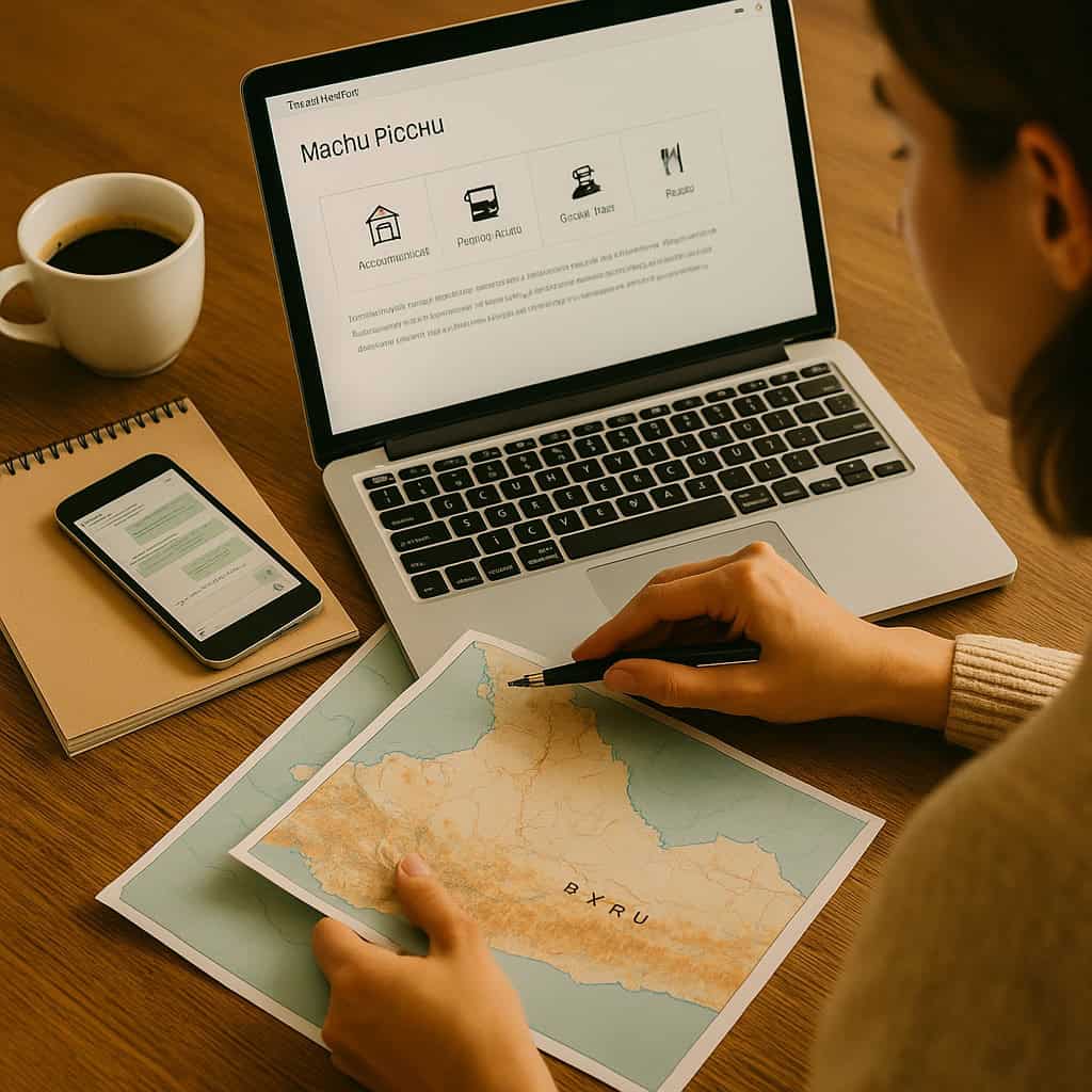 Agente de viagens planejando roteiro para Machu Picchu com mapa do Peru, laptop com itinerário e celular sobre a mesa