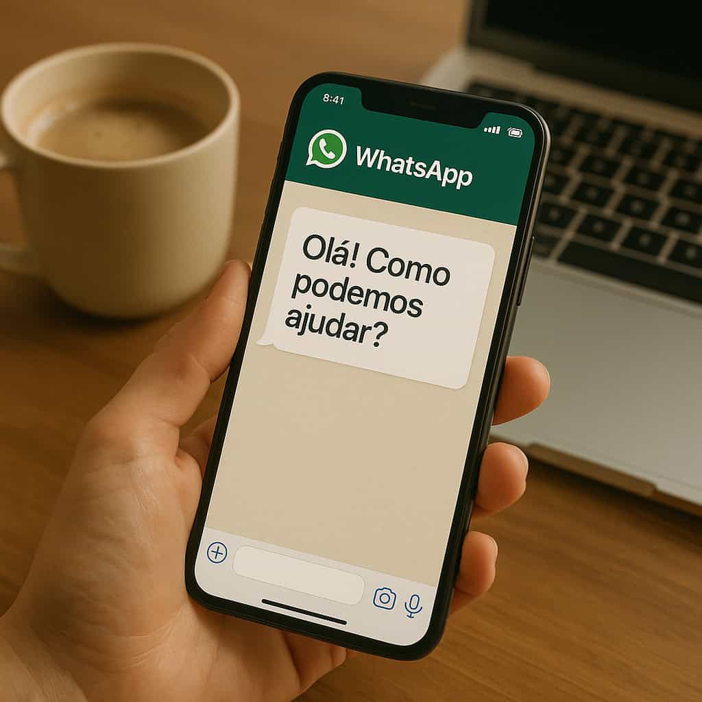 Pessoa segurando celular com conversa iniciada no WhatsApp, ao lado de laptop e café sobre mesa de madeira