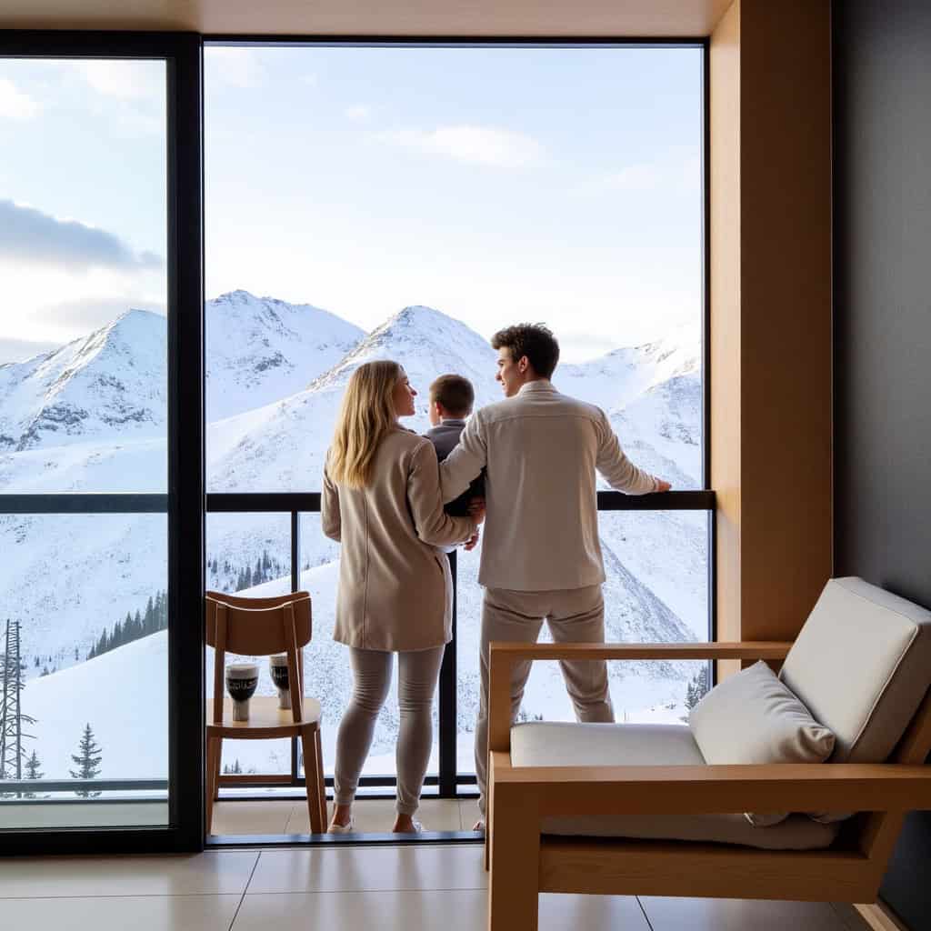 Família aprecia a vista das montanhas nevadas do Vale Nevado a partir da varanda de um hotel aconchegante